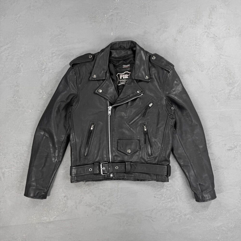 Vintage FIRST Black Leather Classic Biker Jacket Size 36, Men's XS-S